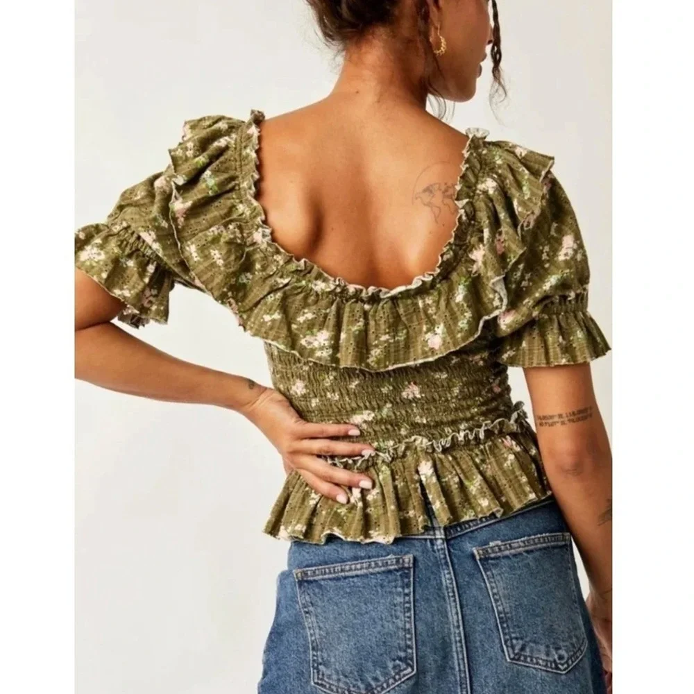 Free People Olive Floral Smocked Eyelet Ruffle Crop Top Boho Prairie Women Large